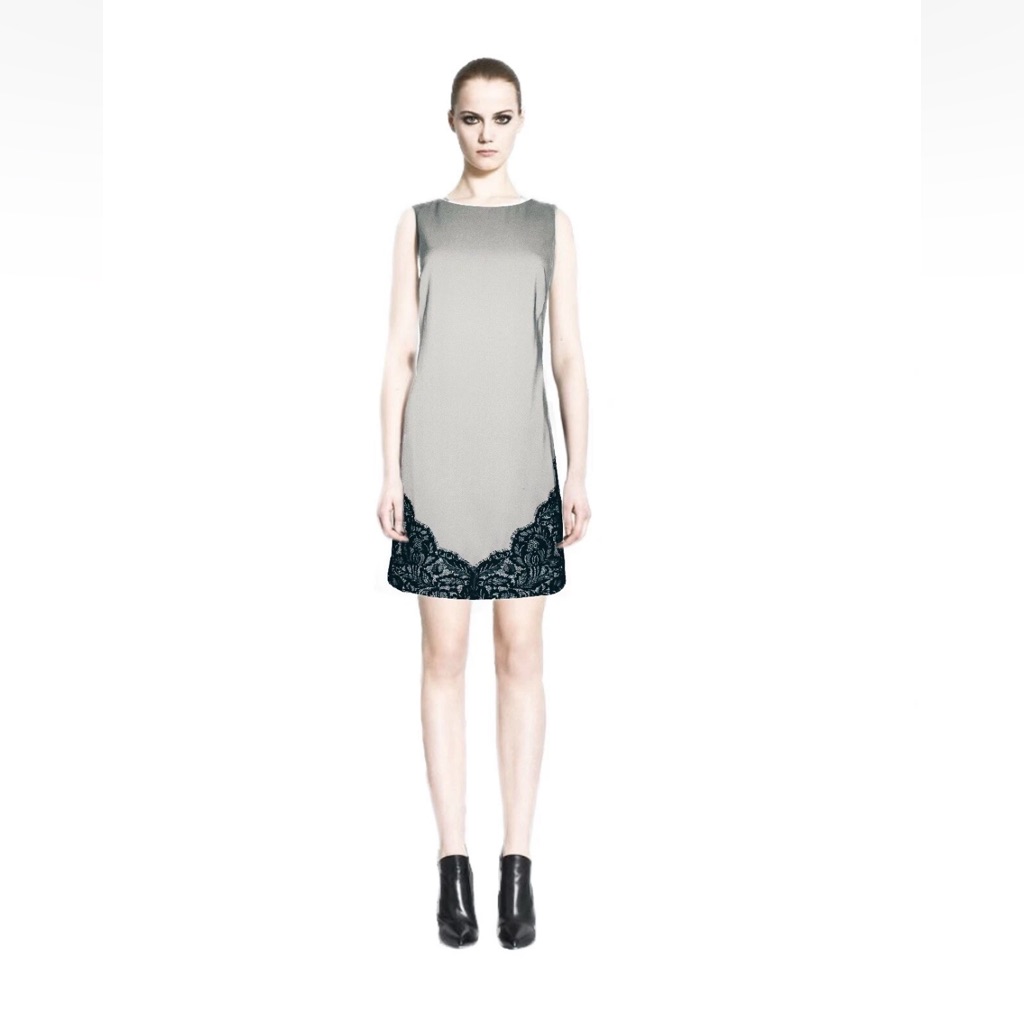 New! Nicole Miller Sz 10 Grey With Black Lace Silk Blend Dress.